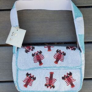Sol & Mer White Beaded Shoulder Bag with Red Lobster Motif
